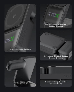 Karwan® S1 4-in-1 Wireless Charger – 15W MagSafe Fast Charging Dock with Digital Clock for iPhone, Apple Watch & AirPods