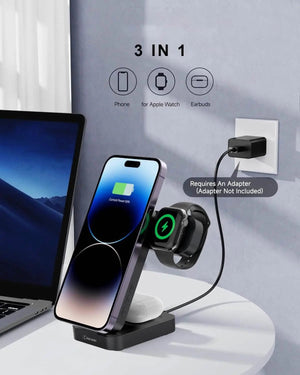Karwan® S1 4-in-1 Wireless Charger – 15W MagSafe Fast Charging Dock with Digital Clock for iPhone, Apple Watch & AirPods