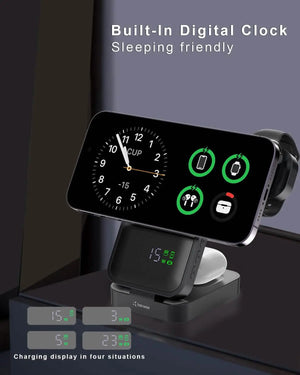 Karwan® S1 4-in-1 Wireless Charger – 15W MagSafe Fast Charging Dock with Digital Clock for iPhone, Apple Watch & AirPods
