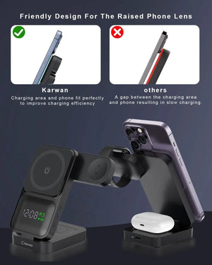 Karwan® S1 4-in-1 Wireless Charger – 15W MagSafe Fast Charging Dock with Digital Clock for iPhone, Apple Watch & AirPods