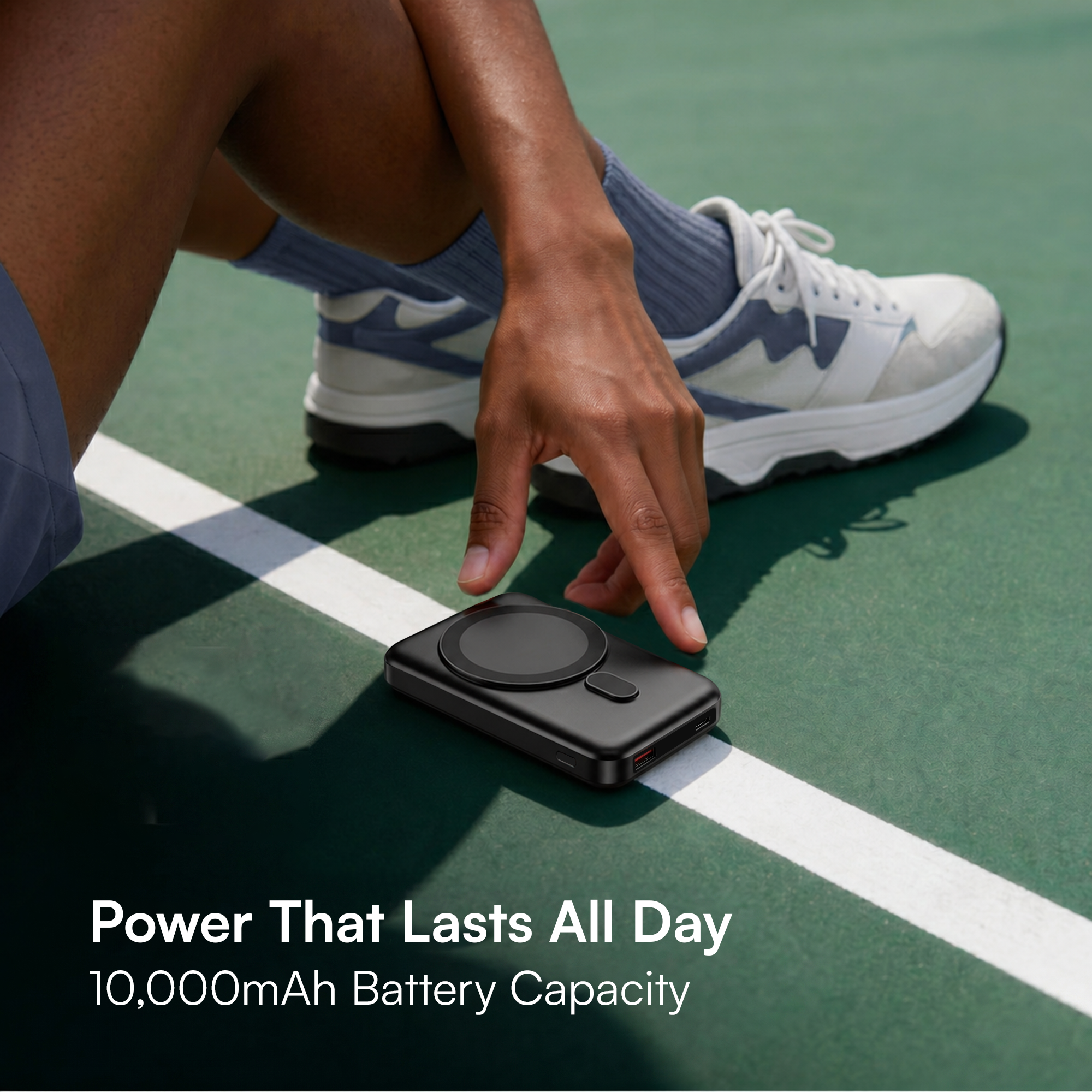 Portable KARWAN MagX wireless power bank charging iPhone using magnetic wireless charging