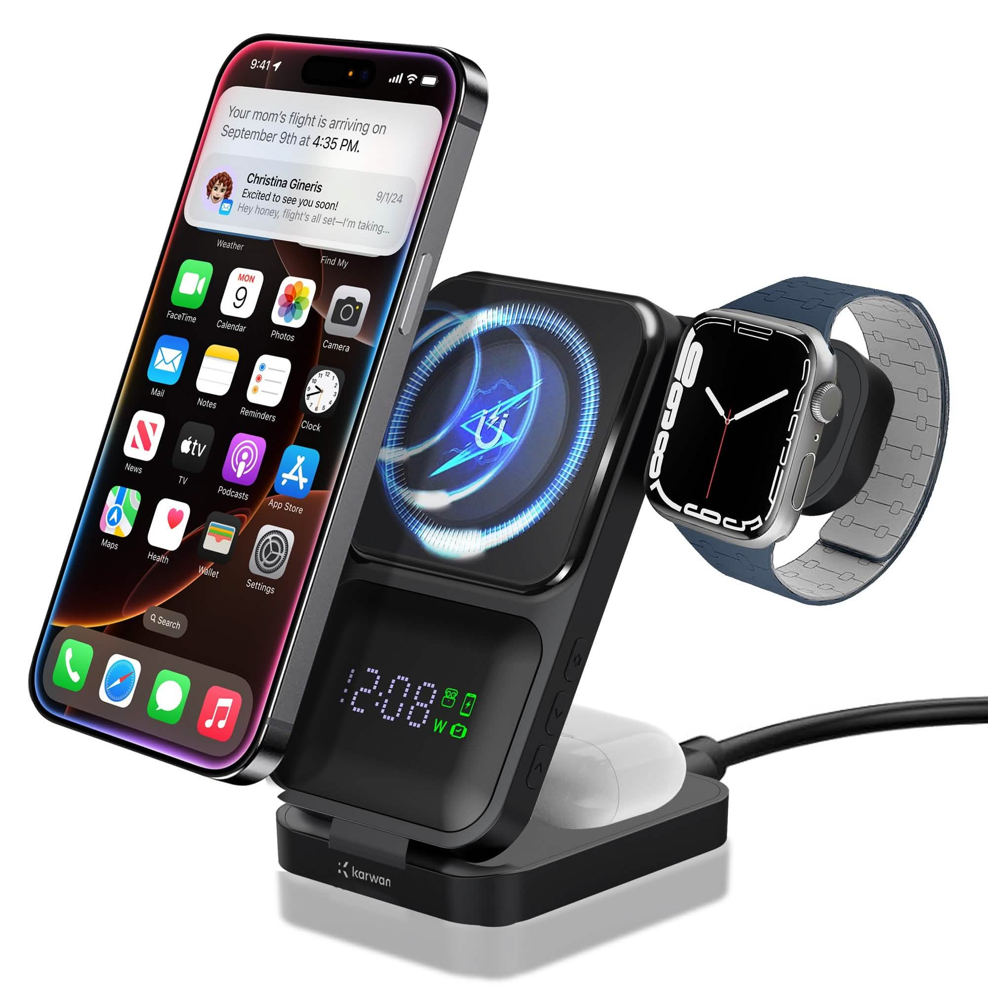 Karwan® S1 4-in-1 Wireless Charger – 15W MagSafe Fast Charging Dock with Digital Clock for iPhone, Apple Watch & AirPods