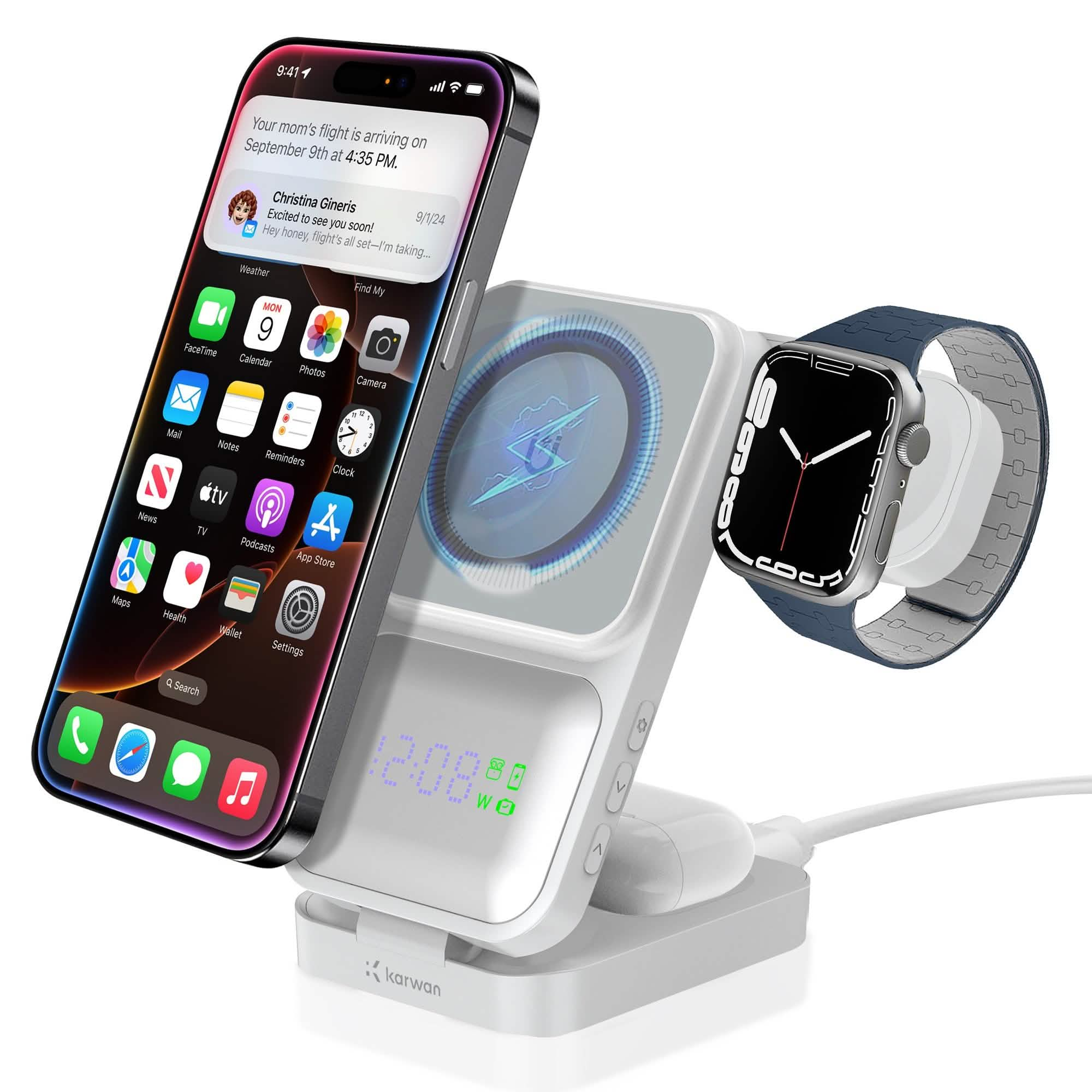 Karwan® S1 4-in-1 Wireless Charger – 15W MagSafe Fast Charging Dock with Digital Clock for iPhone, Apple Watch & AirPods