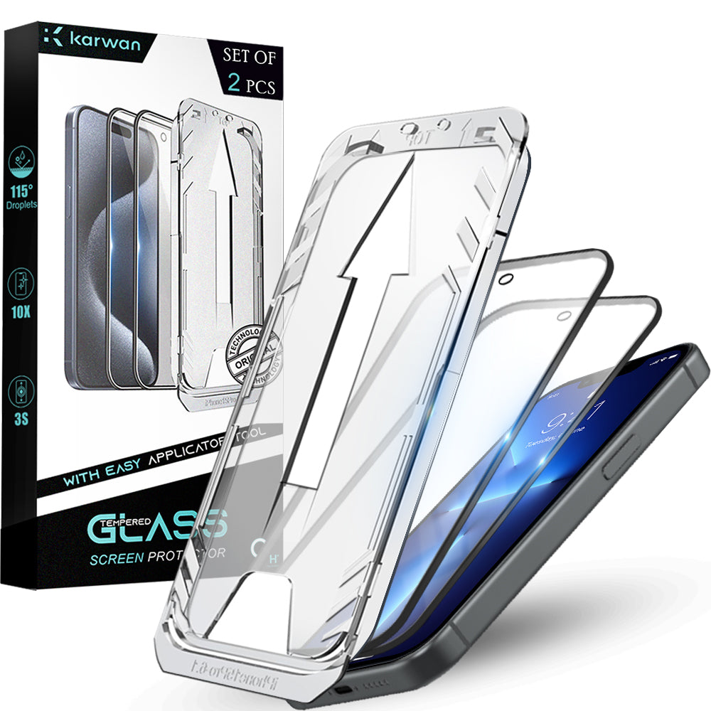 Premium Tempered Glass for iPhone 15 Plus| Bubble-Free Easy Applicator | Pack of 2 | - Karwan