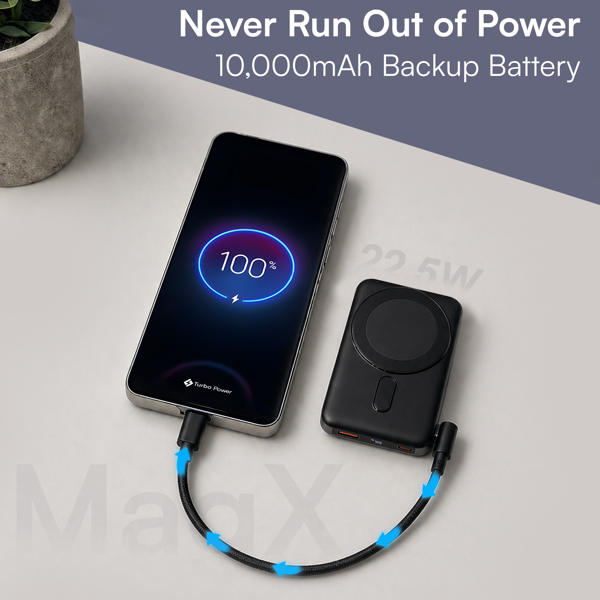 22.5W fast charging wireless power bank with USB-C and USB-A output