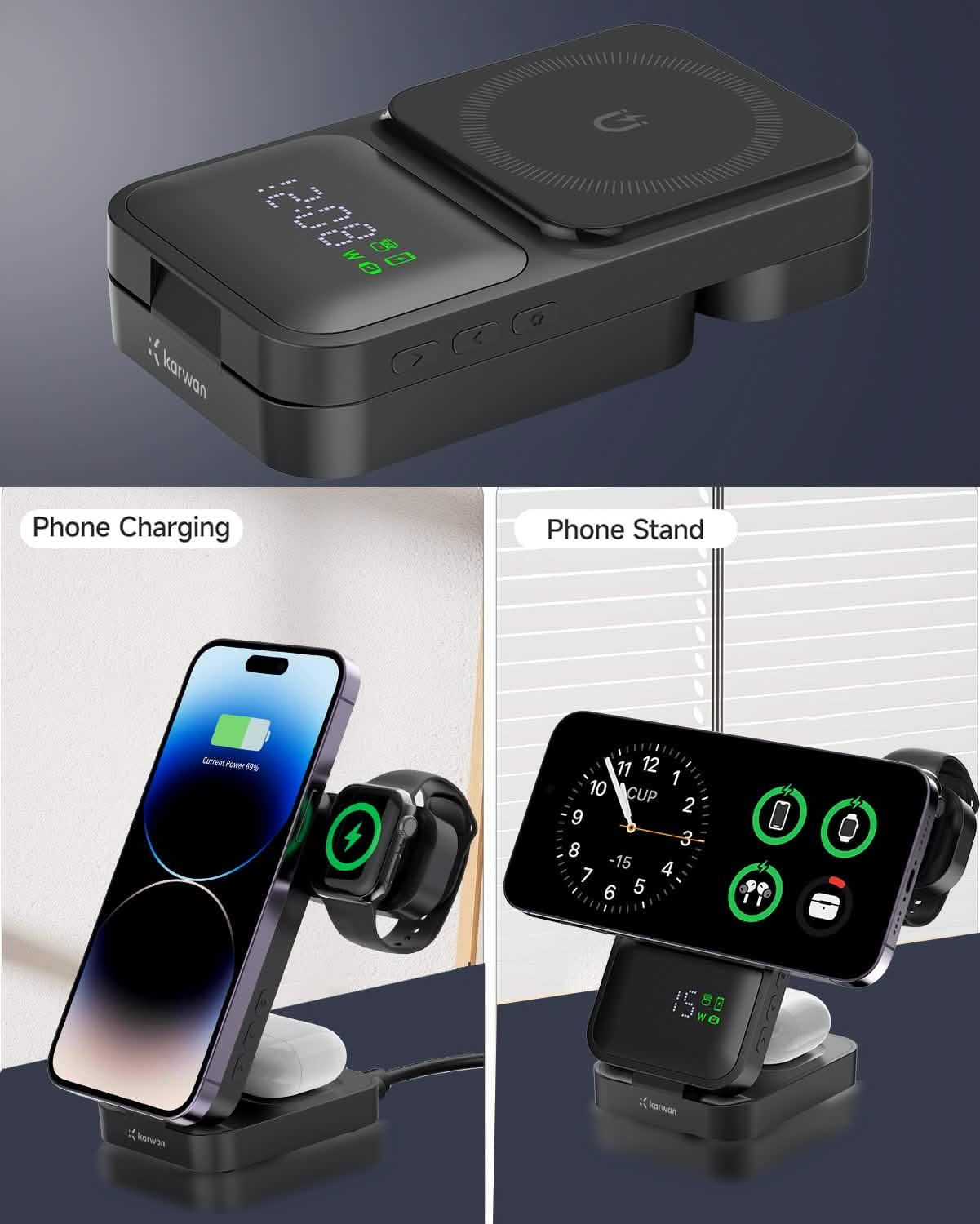 Karwan® S1 4-in-1 Wireless Charger – 15W MagSafe Fast Charging Dock with Digital Clock for iPhone, Apple Watch & AirPods