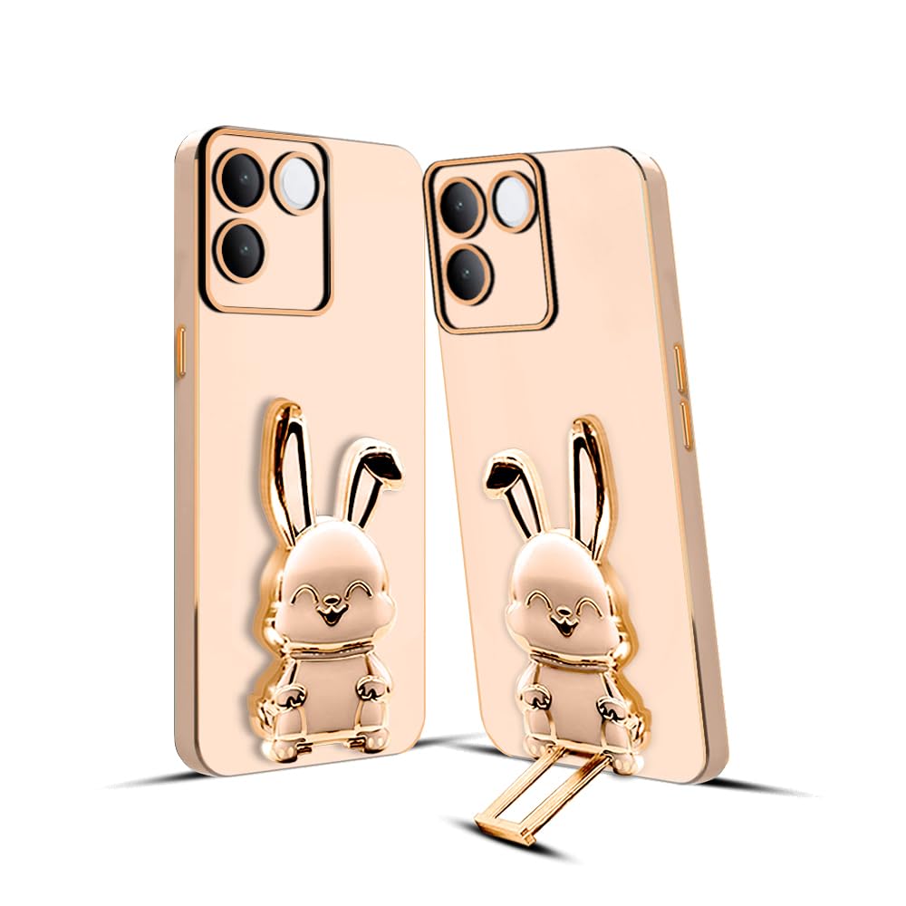 3D Bunny Mobile Qoo Cover With Stand And Mirror For iQoo Z7 Pro| Soft TPU Electropated Stand