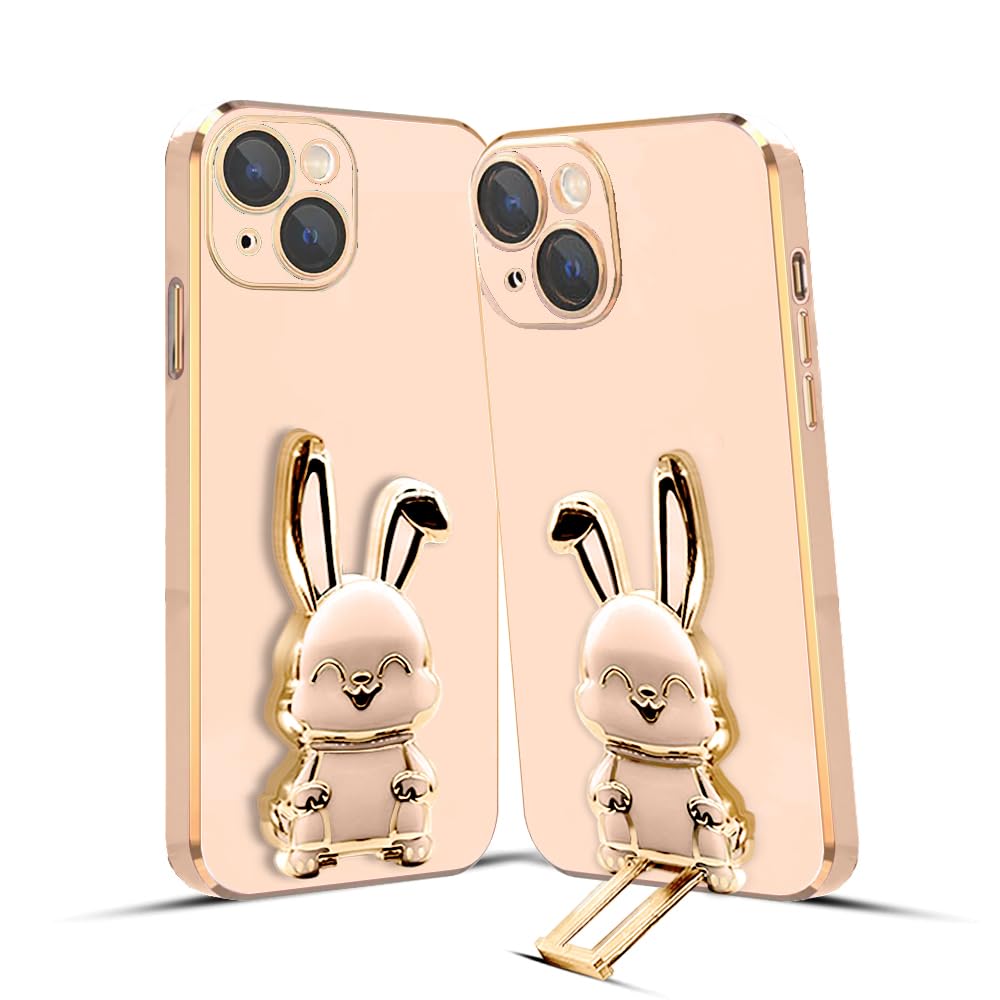 3D Bunny Mobile Phone Cover With Stand And Mirror For iPhone 14 Plus| Soft TPU Electropated Stand