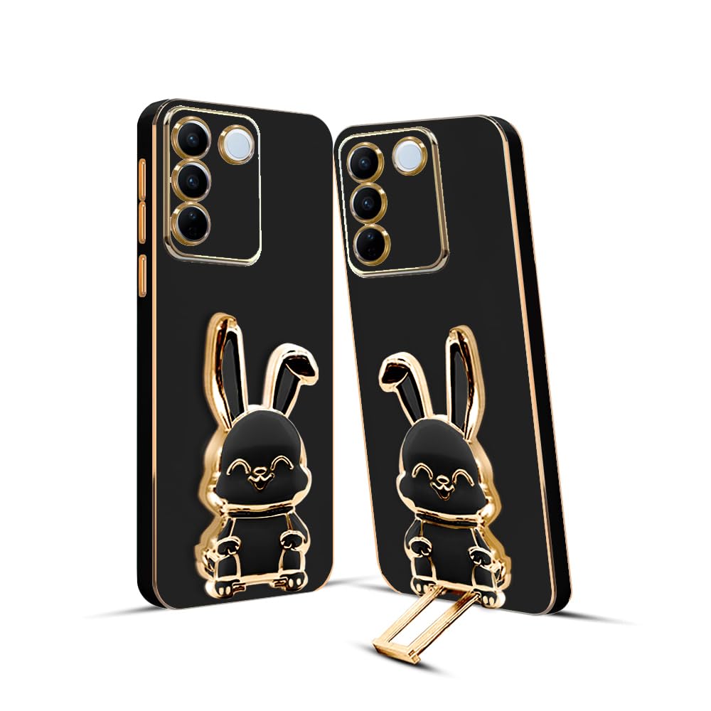 3D Bunny Mobile Vivo Cover With Stand And Mirror For Vivo V27| Soft TPU Electropated Stand