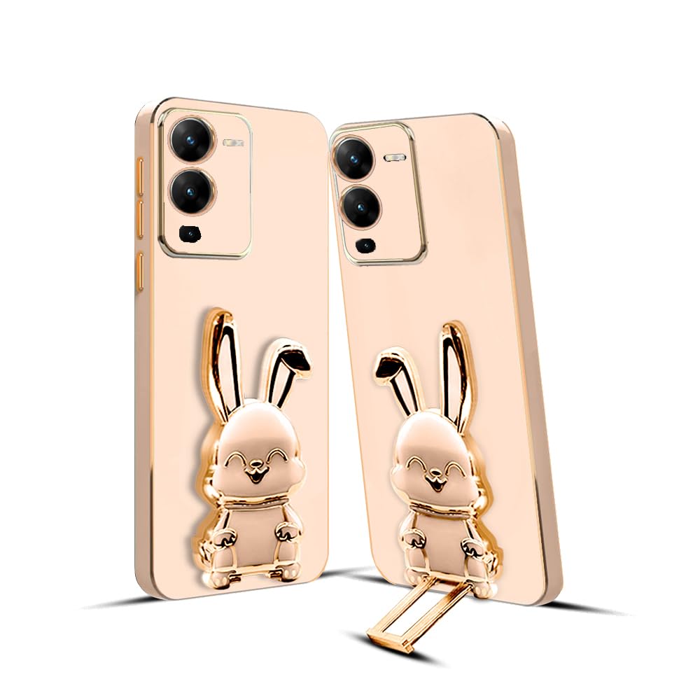 3D Bunny Mobile Vivo Cover With Stand And Mirror For Vivo V25 Pro| Soft TPU Electropated Stand