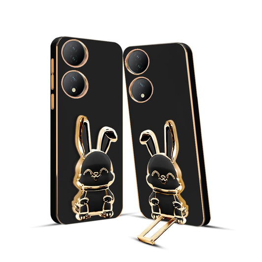 3D Bunny Mobile Vivo Cover With Stand And Mirror For Vivo Y100| Soft TPU Electropated Stand