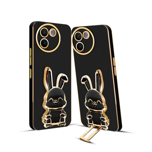 3D Bunny Mobile Vivo Cover With Stand And Mirror For Vivo T3X| Soft TPU Electropated Stand