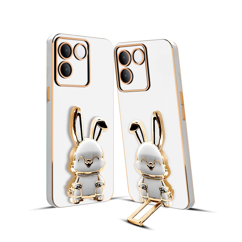 3D Bunny Mobile Qoo Cover With Stand And Mirror For iQoo Z7 Pro| Soft TPU Electropated Stand