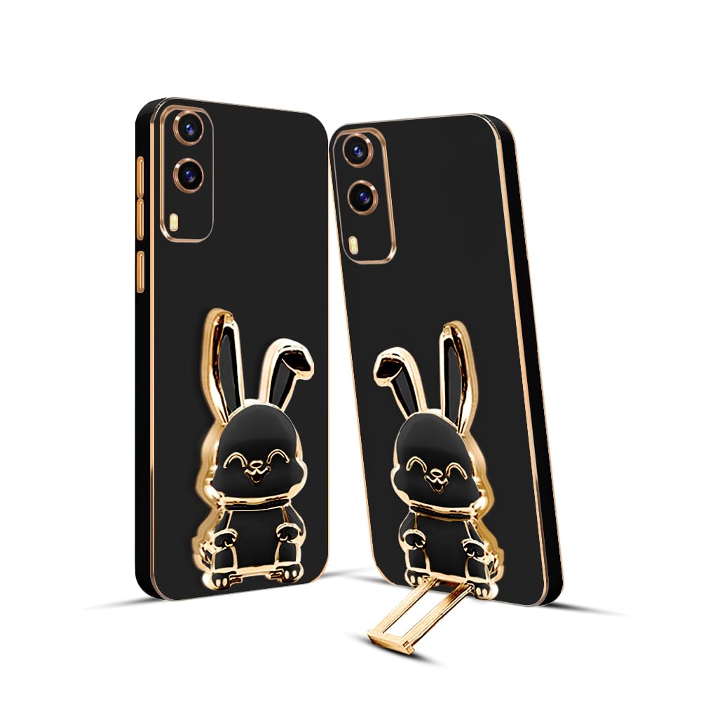 3D Bunny Mobile Vivo Cover With Stand And Mirror For Vivo V21E 5G| Soft TPU Electropated Stand