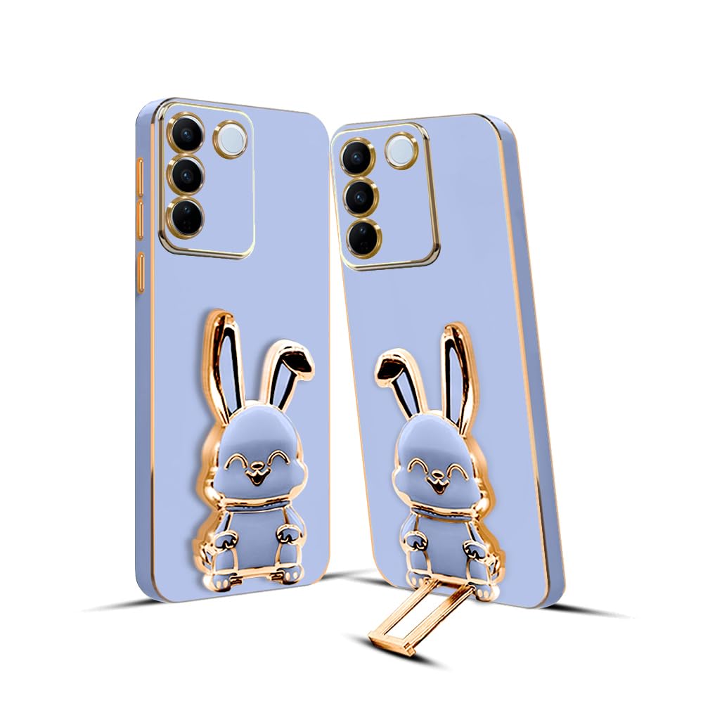 3D Bunny Mobile Vivo Cover With Stand And Mirror For Vivo V27| Soft TPU Electropated Stand