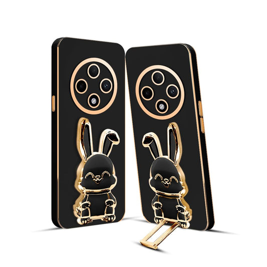 3D Bunny Mobile Oppo Cover With Stand And Mirror For Oppo Reno 12 F| Soft TPU Electropated Stand