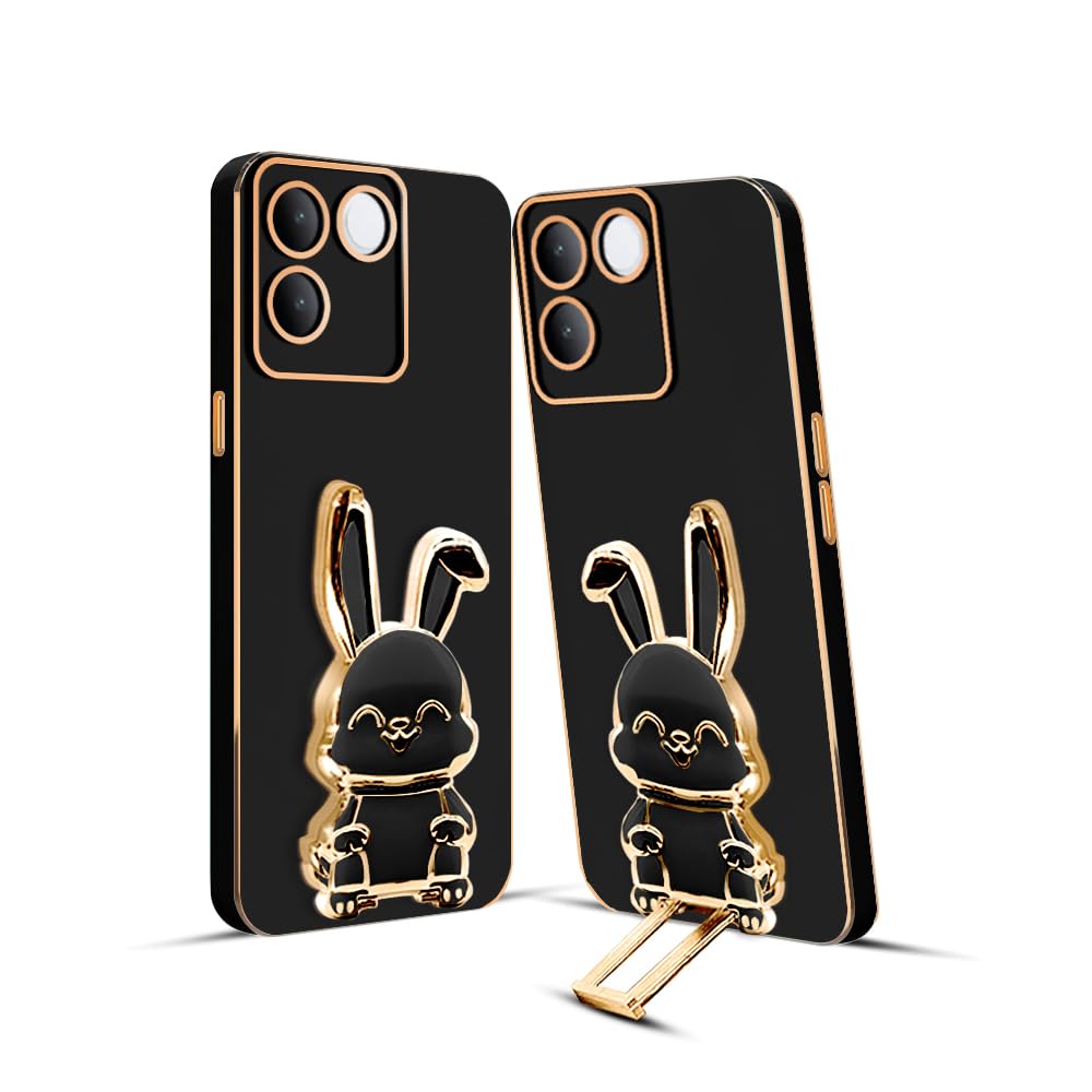 3D Bunny Mobile Qoo Cover With Stand And Mirror For iQoo Z7 Pro| Soft TPU Electropated Stand