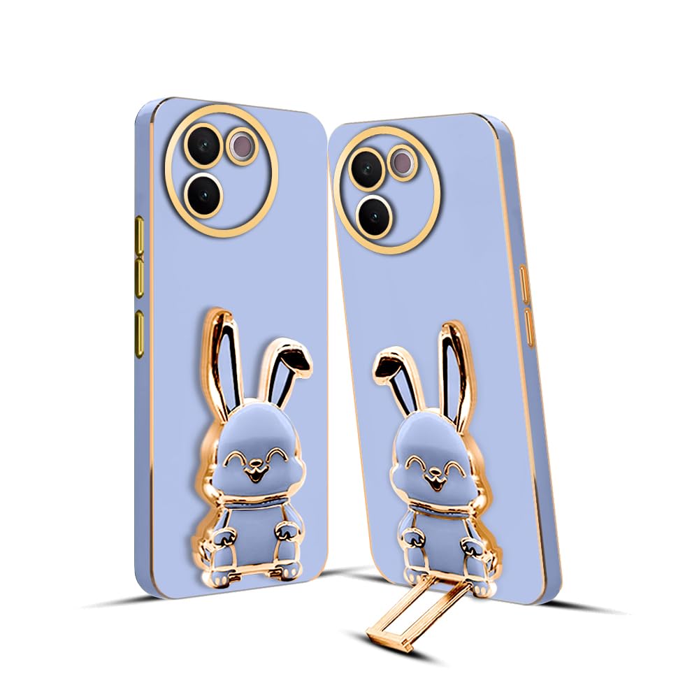 3D Bunny Mobile Vivo Cover With Stand And Mirror For Vivo T3X| Soft TPU Electropated Stand