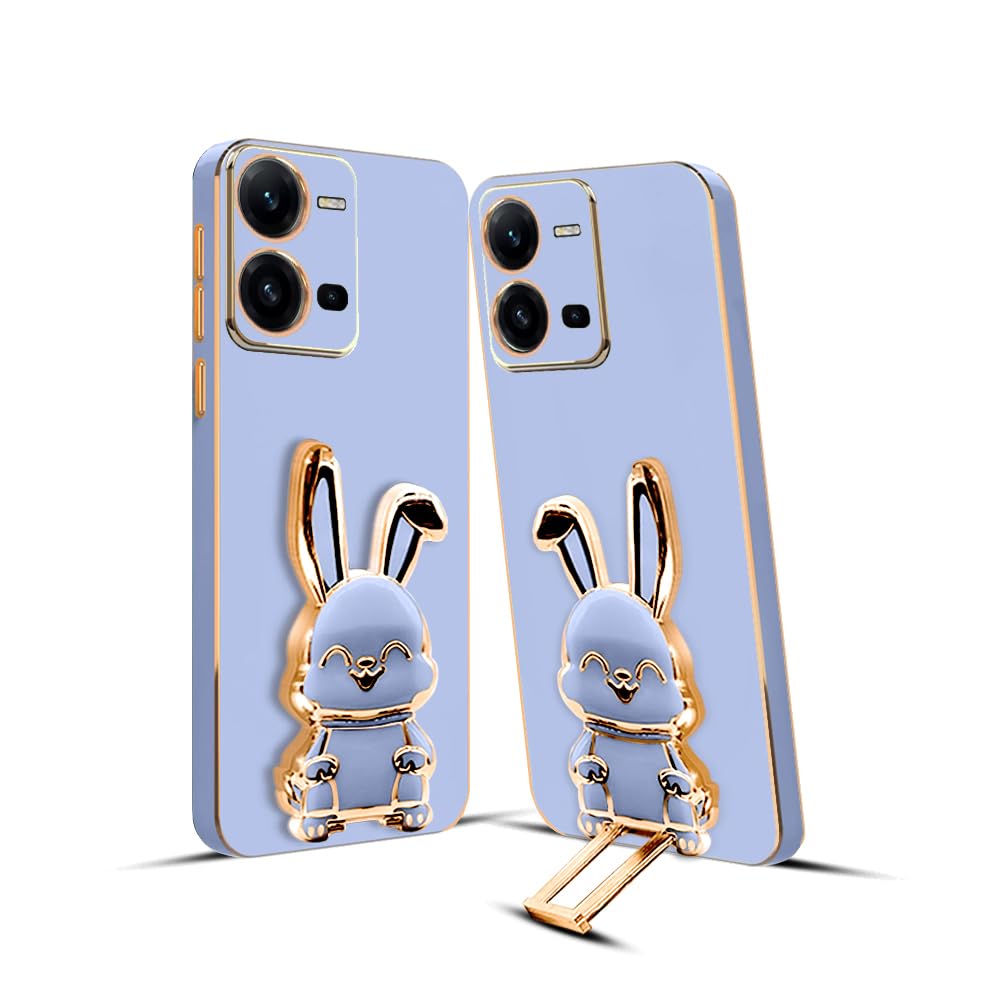 3D Bunny Mobile Vivo Cover With Stand And Mirror For Vivo V25| Soft TPU Electropated Stand