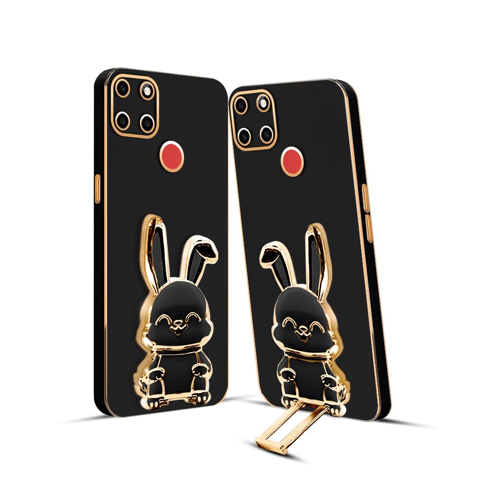 3D Bunny Mobile Realme Cover With Stand And Mirror For Realme C12| Soft TPU Electropated Stand