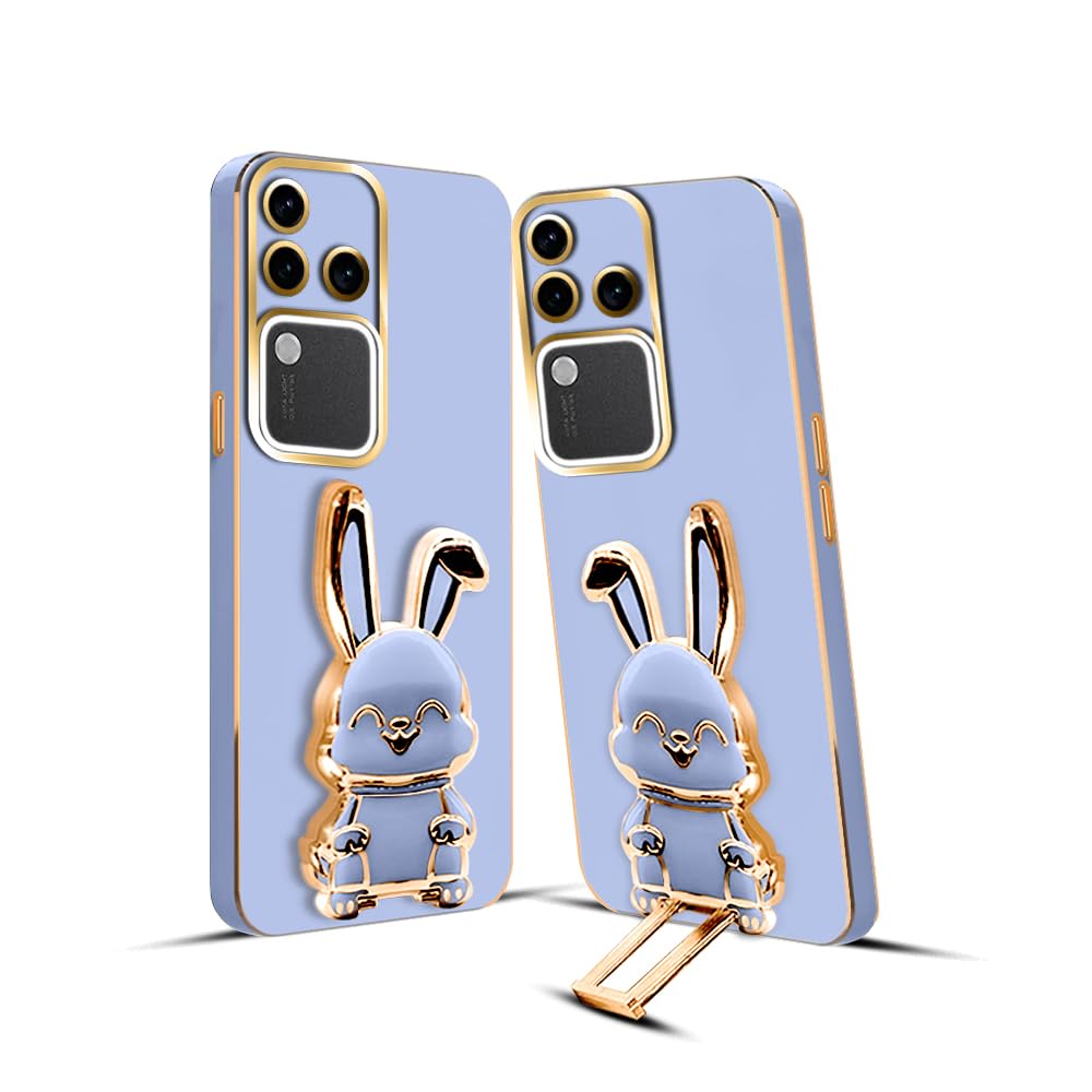 3D Bunny Mobile Vivo Cover With Stand And Mirror For Vivo V30| Soft TPU Electropated Stand