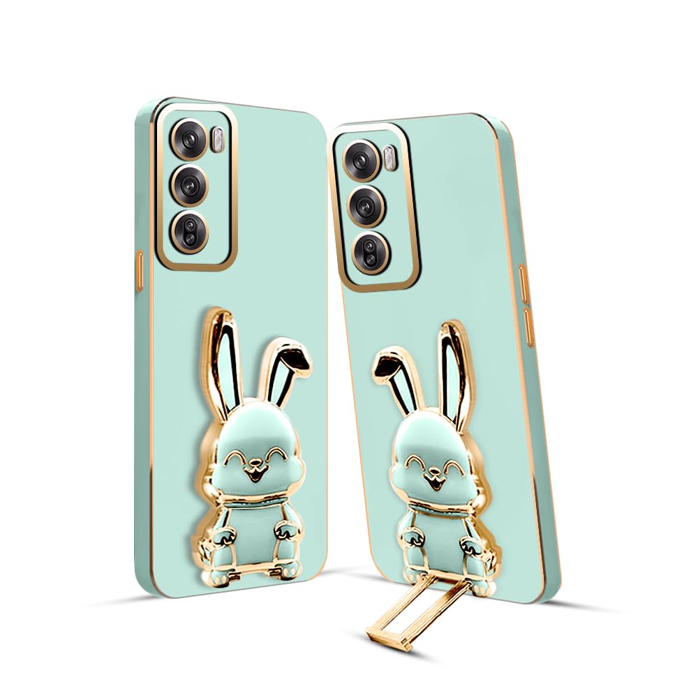 3D Bunny Mobile Oppo Cover With Stand And Mirror For Oppo Reno 12| Soft TPU Electropated Stand