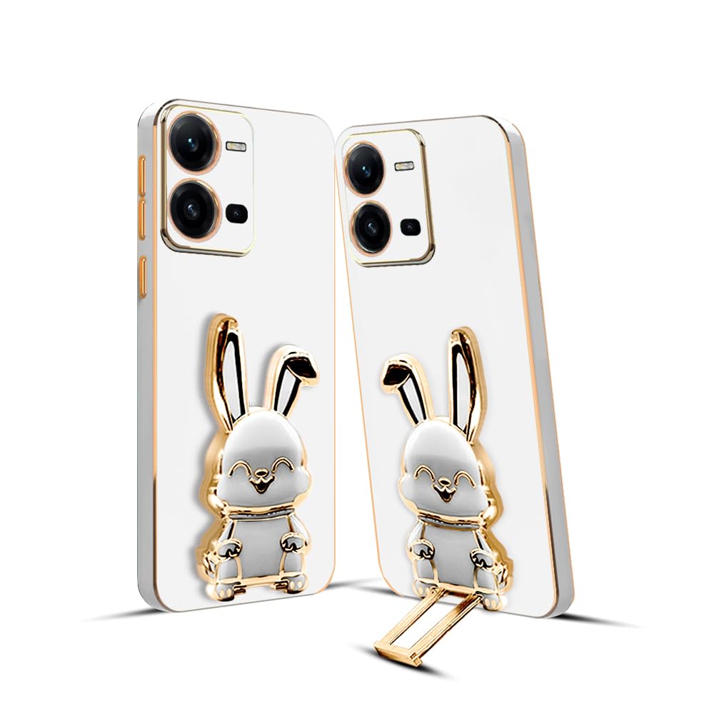 3D Bunny Mobile Vivo Cover With Stand And Mirror For Vivo V25| Soft TPU Electropated Stand