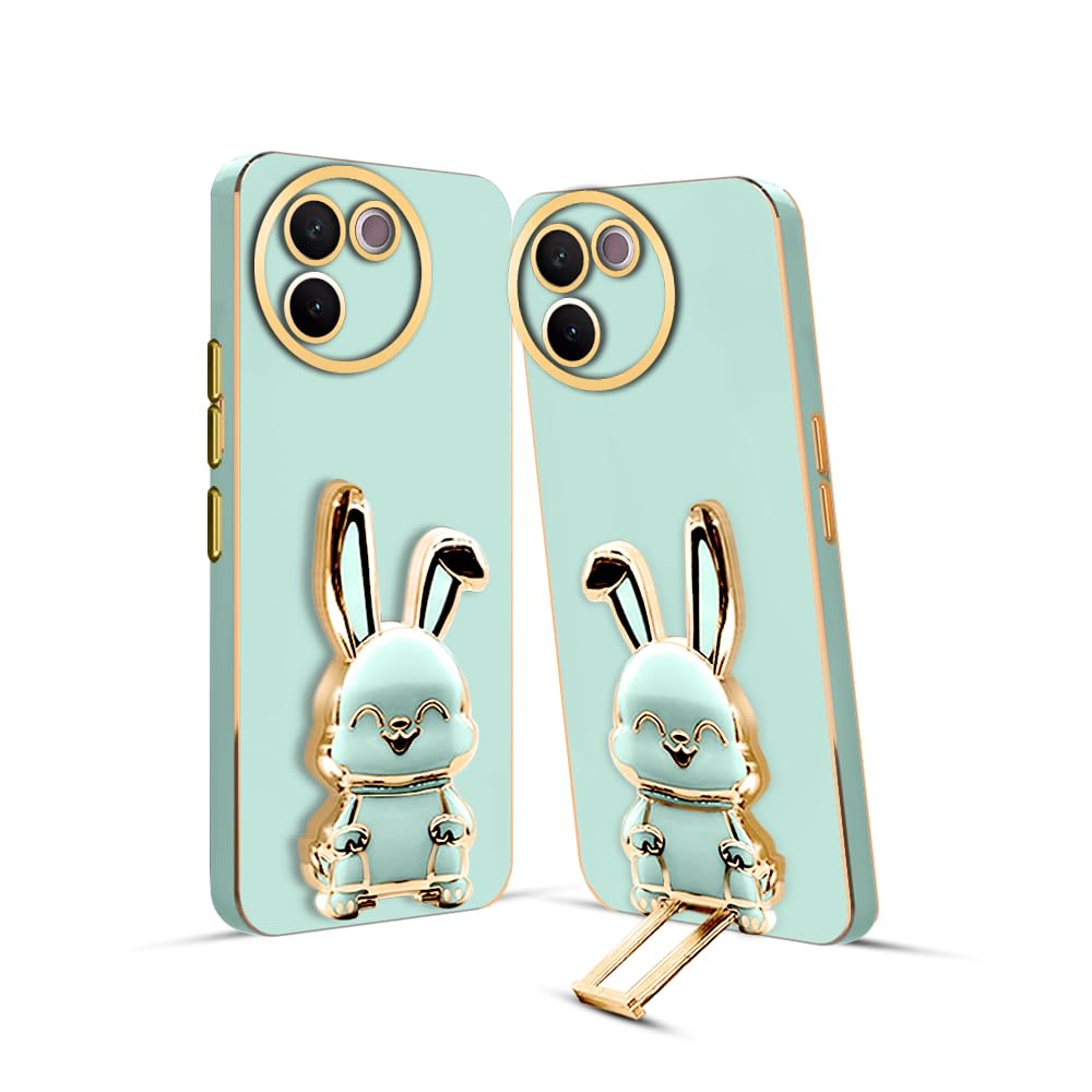 3D Bunny Mobile Vivo Cover With Stand And Mirror For Vivo T3X| Soft TPU Electropated Stand