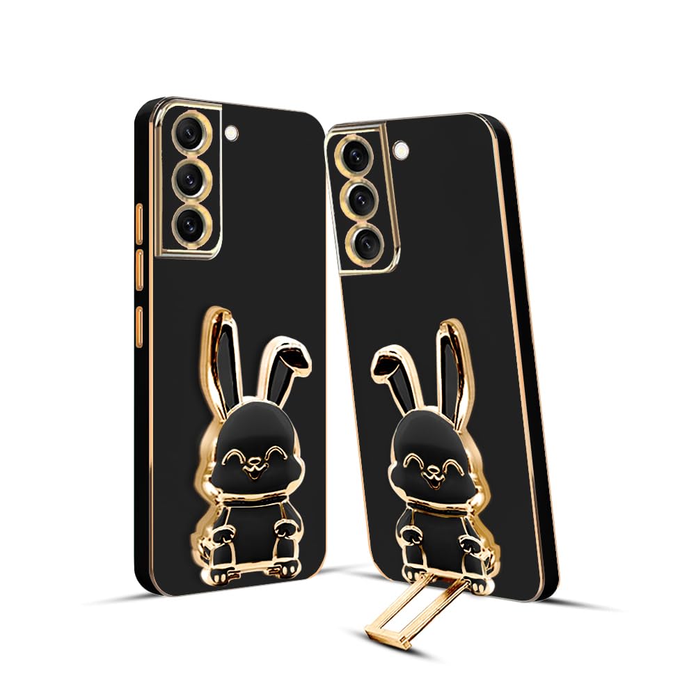 3D Bunny Mobile Samsung Cover With Stand And Mirror For Samsung S21 FE 5G| Soft TPU Electropated Stand