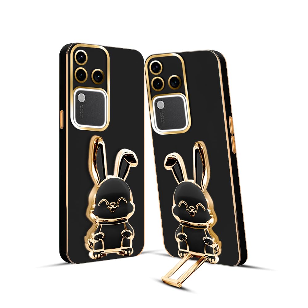 3D Bunny Mobile Vivo Cover With Stand And Mirror For Vivo V30| Soft TPU Electropated Stand