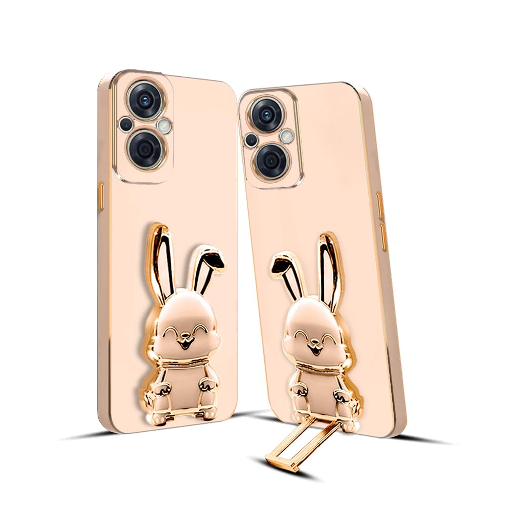 3D Bunny Mobile Oppo Cover With Stand And Mirror For Oppo F21 Pro 5G| Soft TPU Electropated Stand