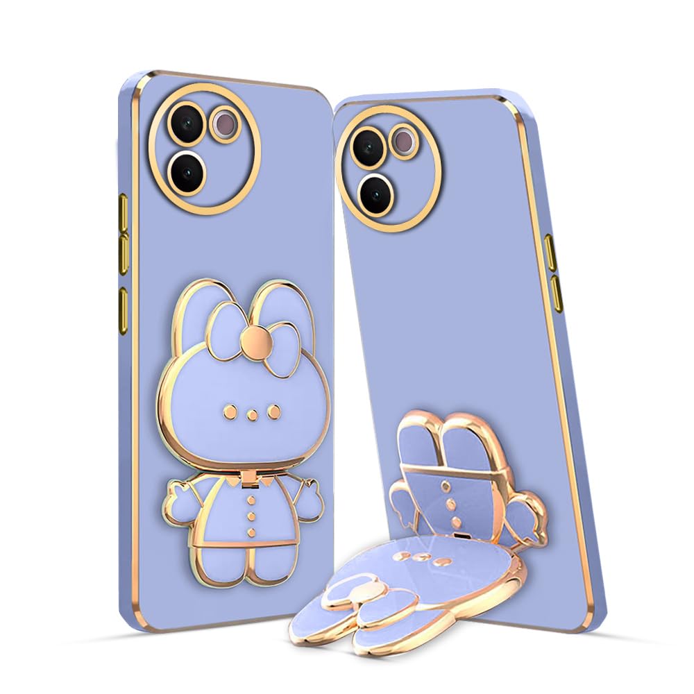 3D Cat Mobile Back Case with Stand For Vivo T3X | Stand and Mirror | Camera Protection | Electroplated |