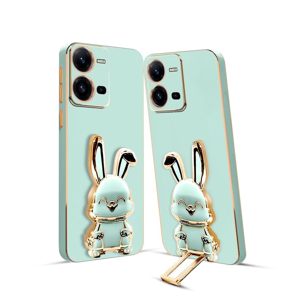 3D Bunny Mobile Vivo Cover With Stand And Mirror For Vivo V25| Soft TPU Electropated Stand