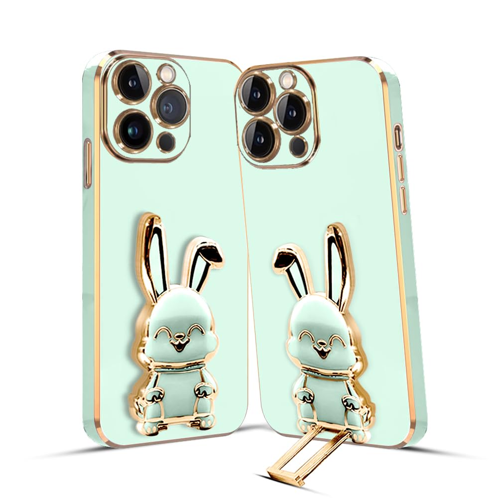 3D Bunny Mobile Phone Cover With Stand And Mirror For iPhone 14 Pro| Soft TPU Electropated Stand