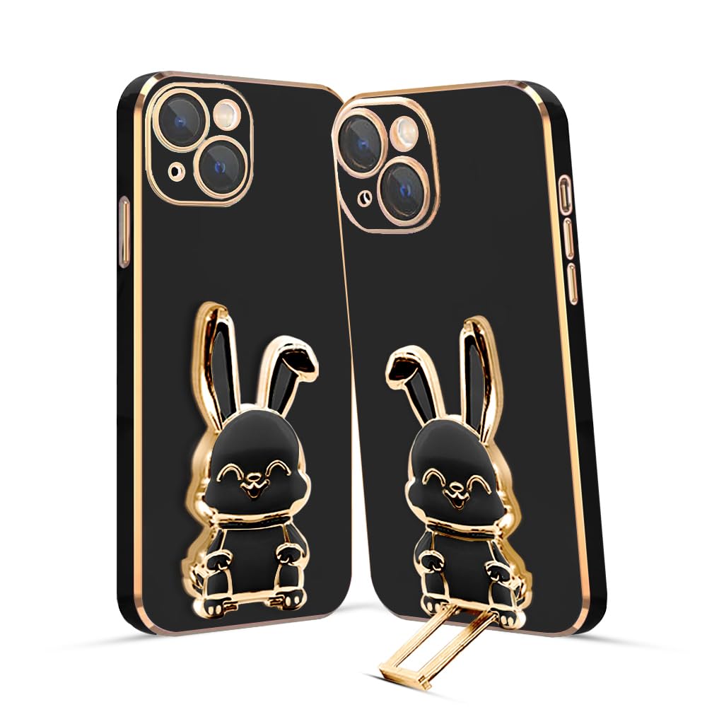 3D Bunny Mobile Phone Cover With Stand And Mirror For iPhone 14 Plus| Soft TPU Electropated Stand