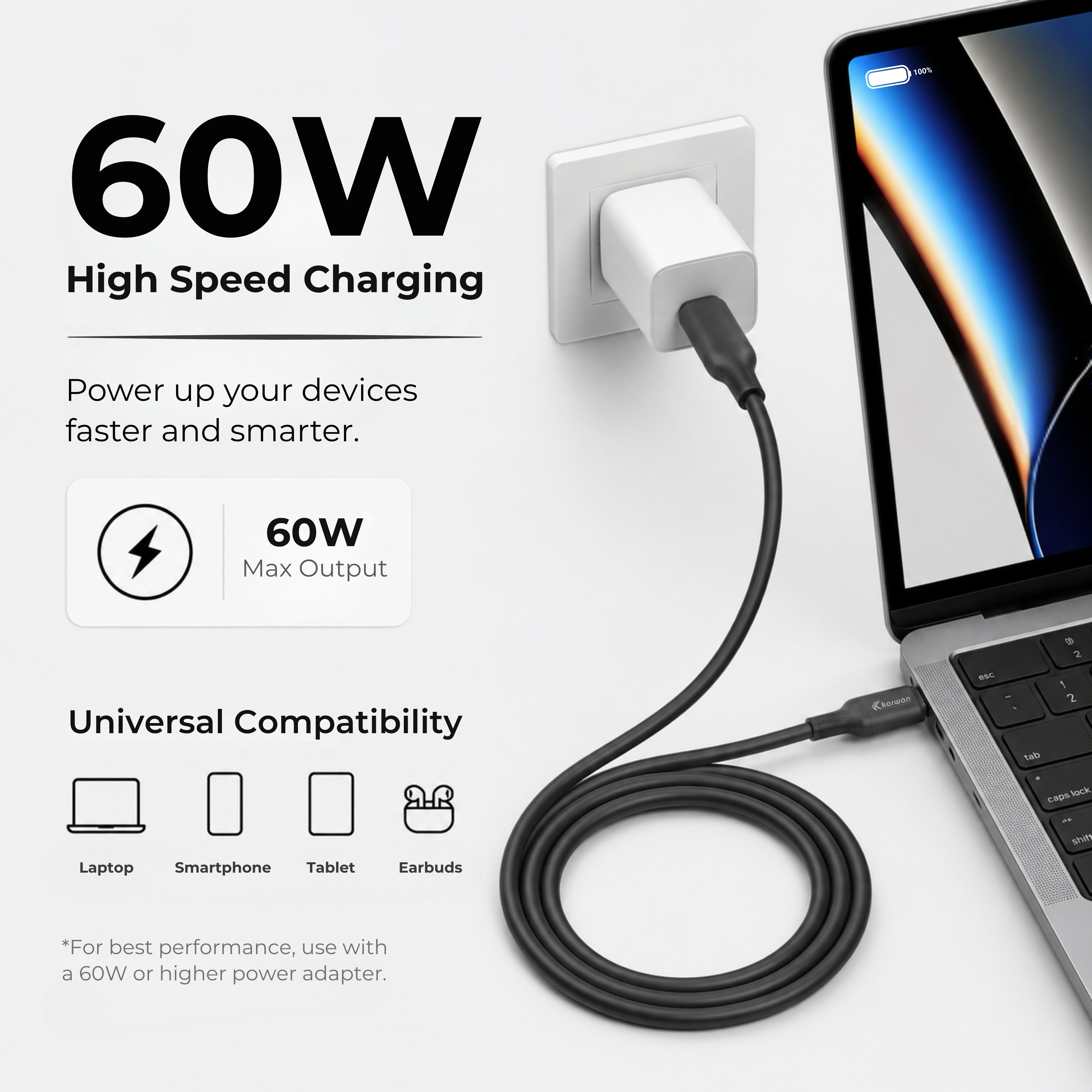 Karwan Aqkuro 60W Liquid Silicone Type-C to Type-C Fast Charging Cable (1.5m)